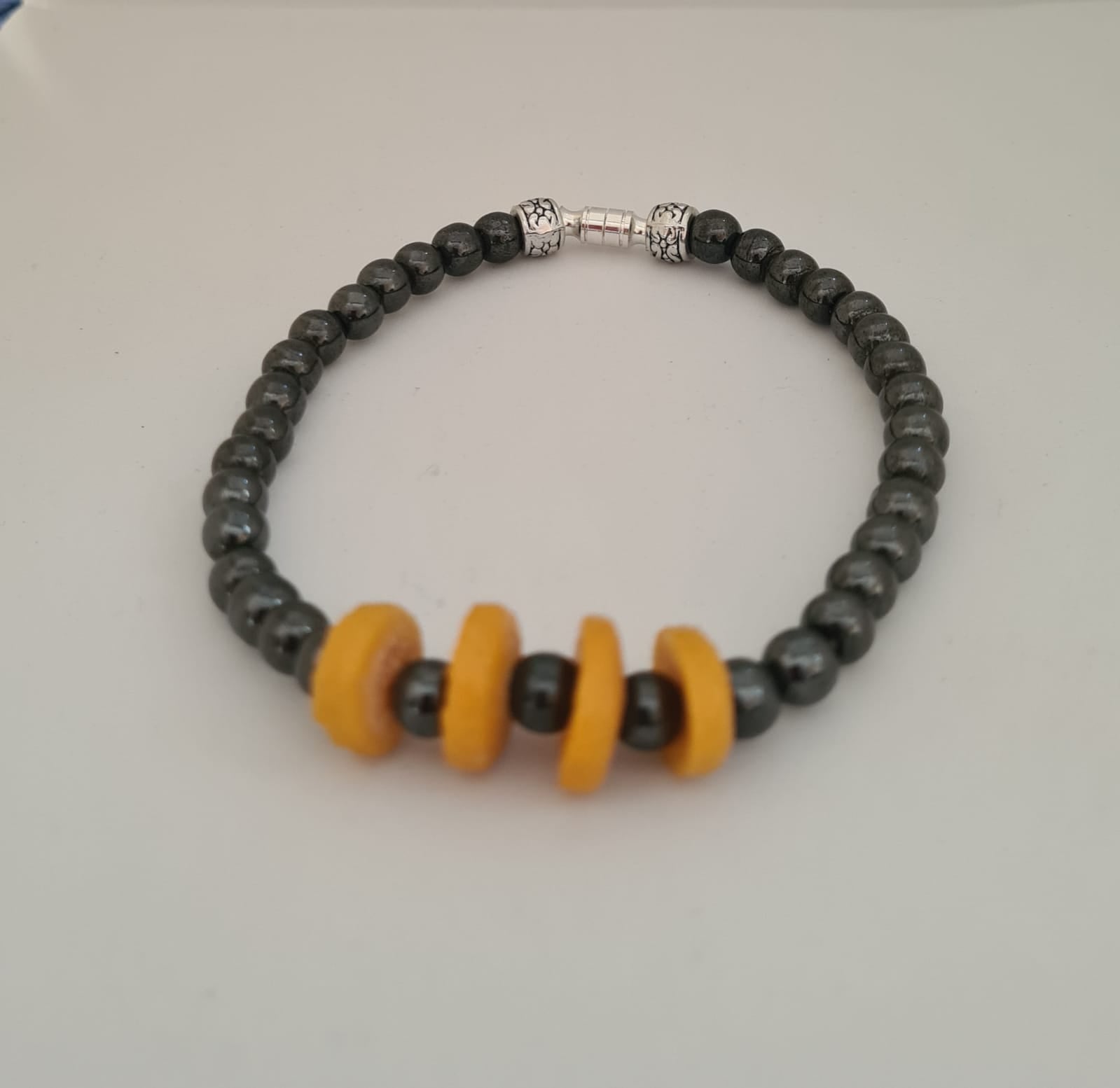 Mens Bracelet - Hemetite and yellow Clay Ghanaian