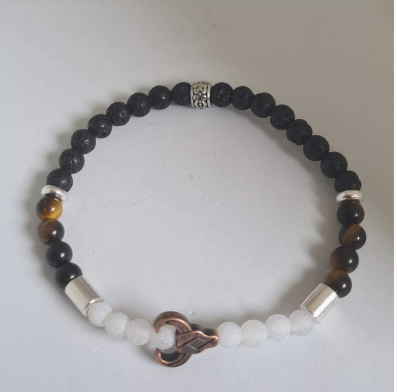 Lava Stone, Tigers Eye, and White frosted cracked Agate bracelet